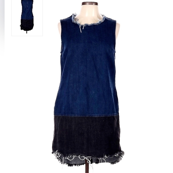 . Dresses & Skirts - Colorblock Blue Black Denim Jean Dress Women's Large L Raw Frayed Hem Sleeveless